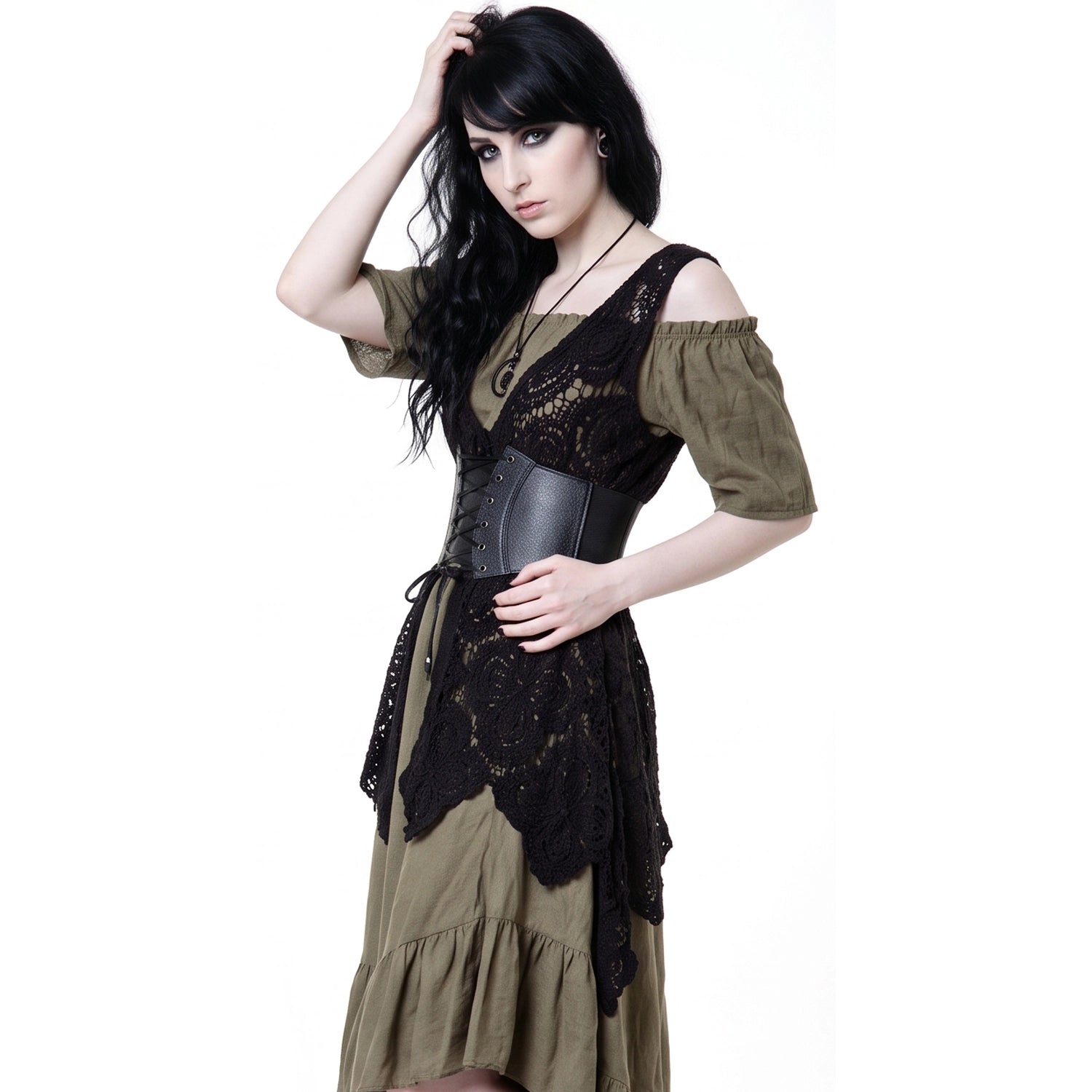 Vestido Midi Verde Khaki Volante