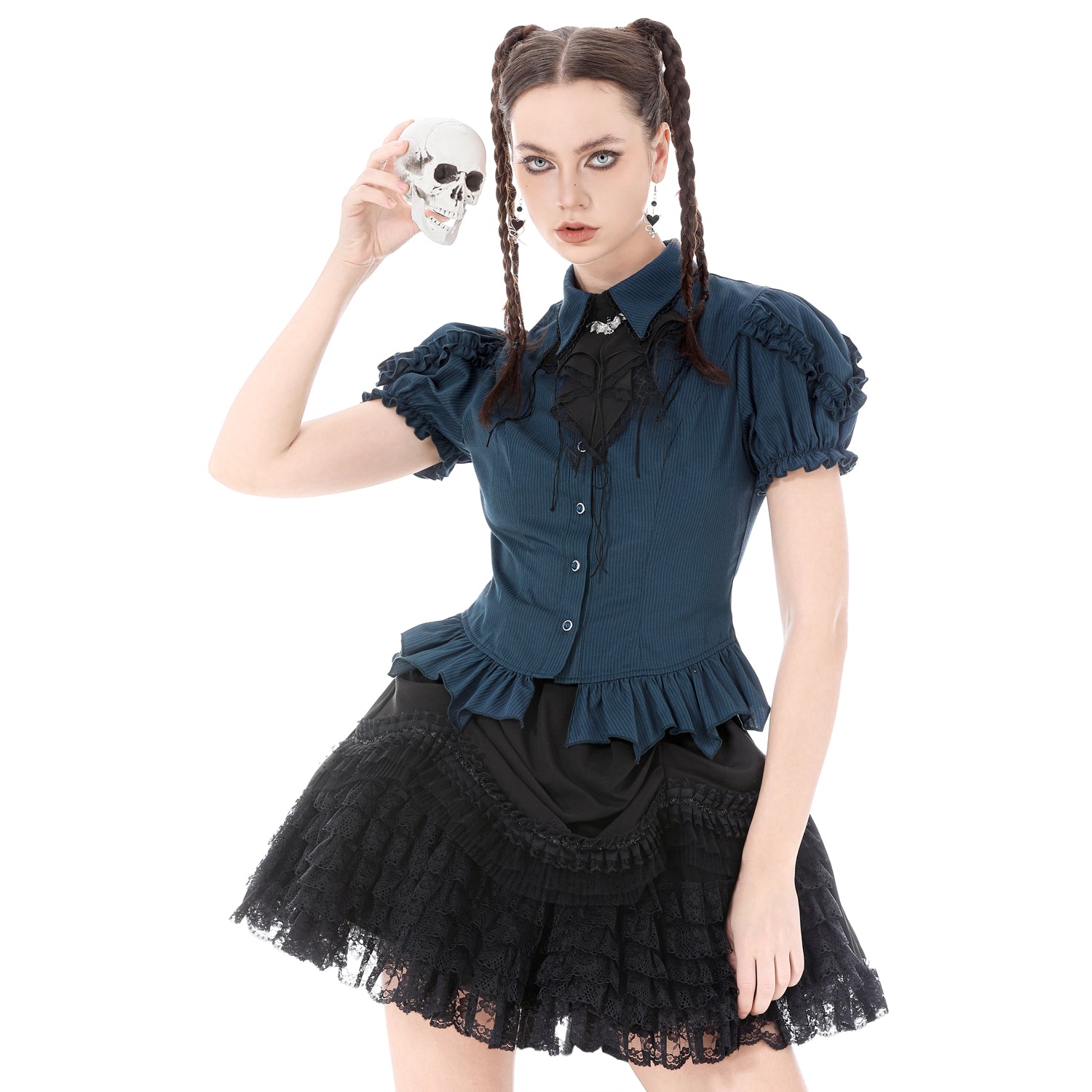 Camisa  Azul con Jabot de Murciélago y Volantes