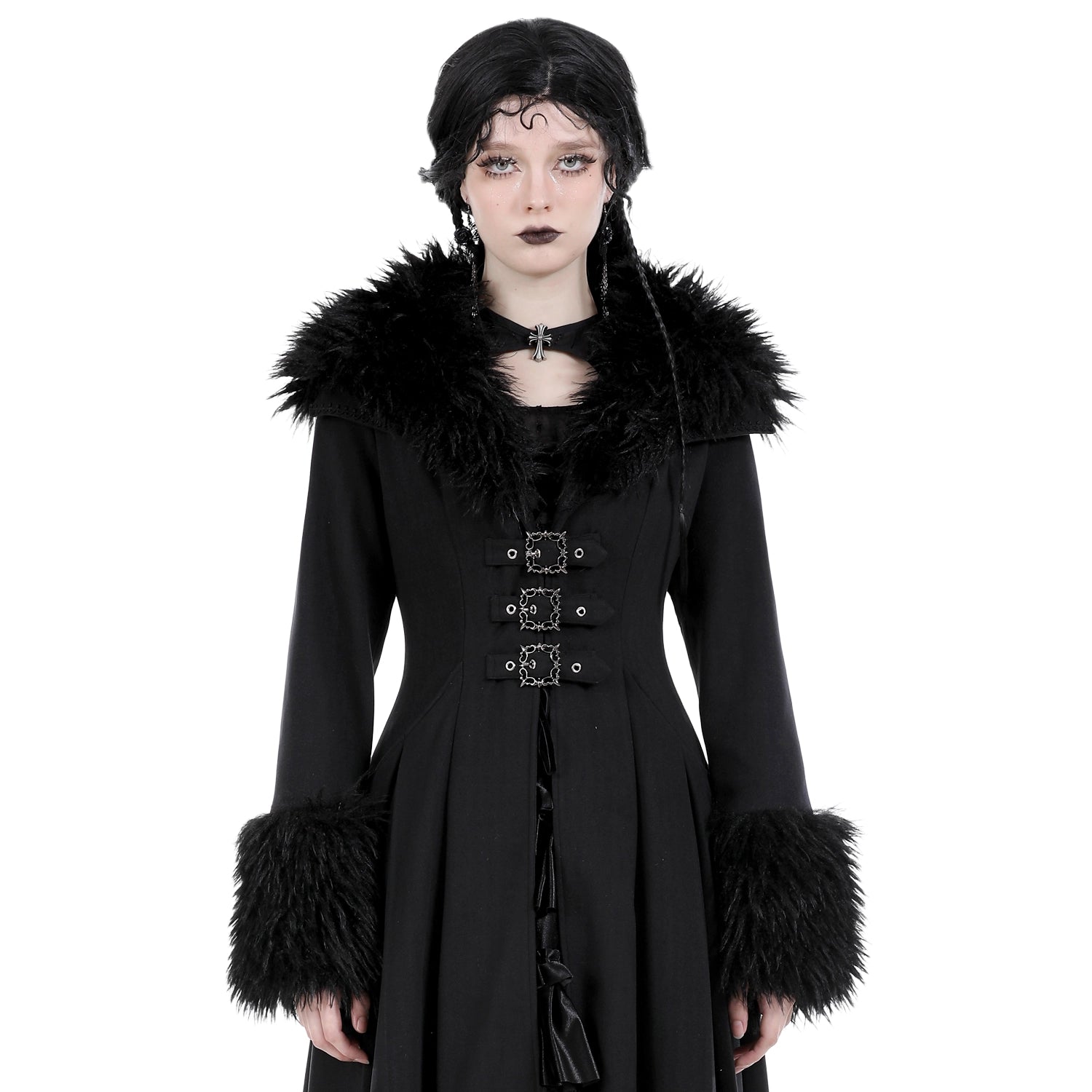 Abrigo Largo con Cuello de Pelo y Lazada Trasera