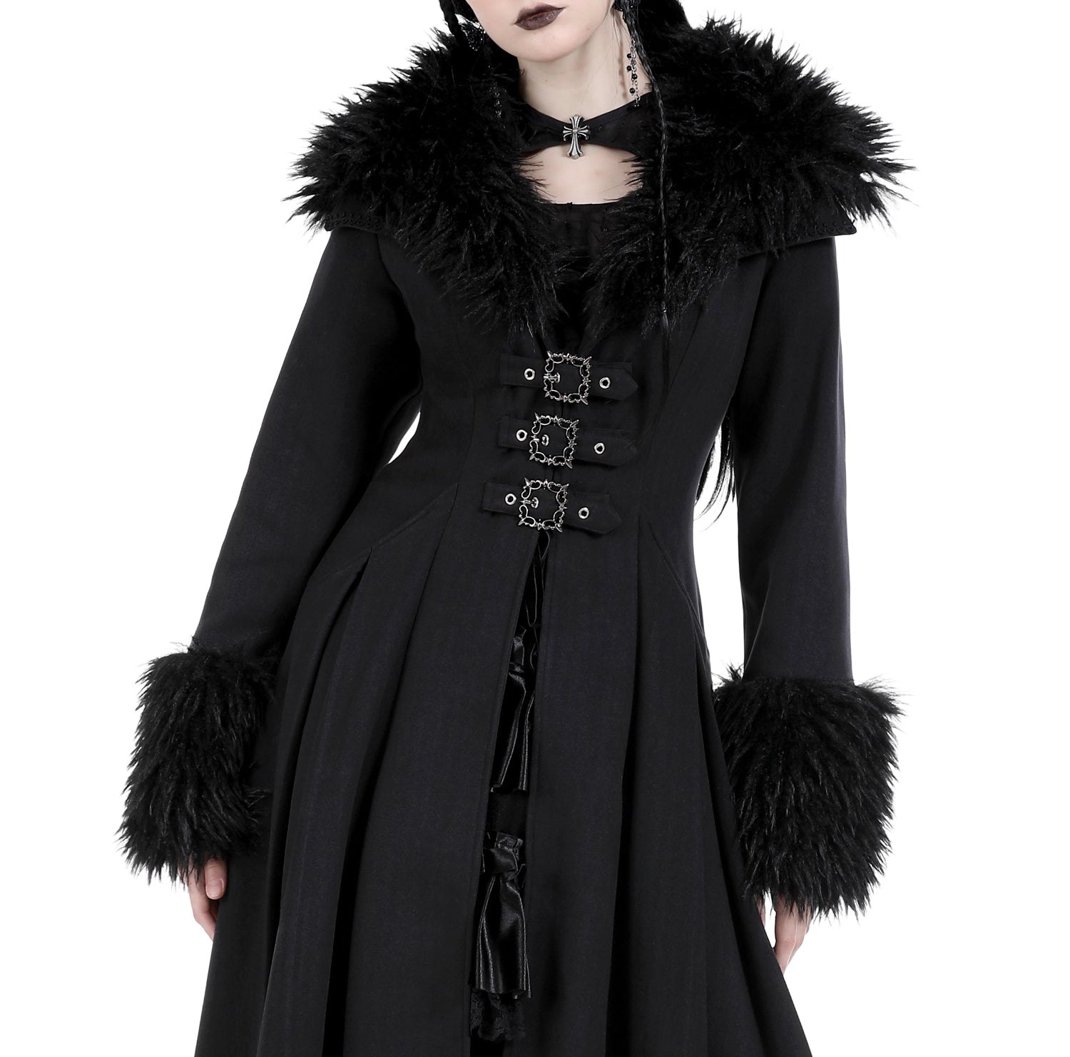 Abrigo Largo con Cuello de Pelo y Lazada Trasera