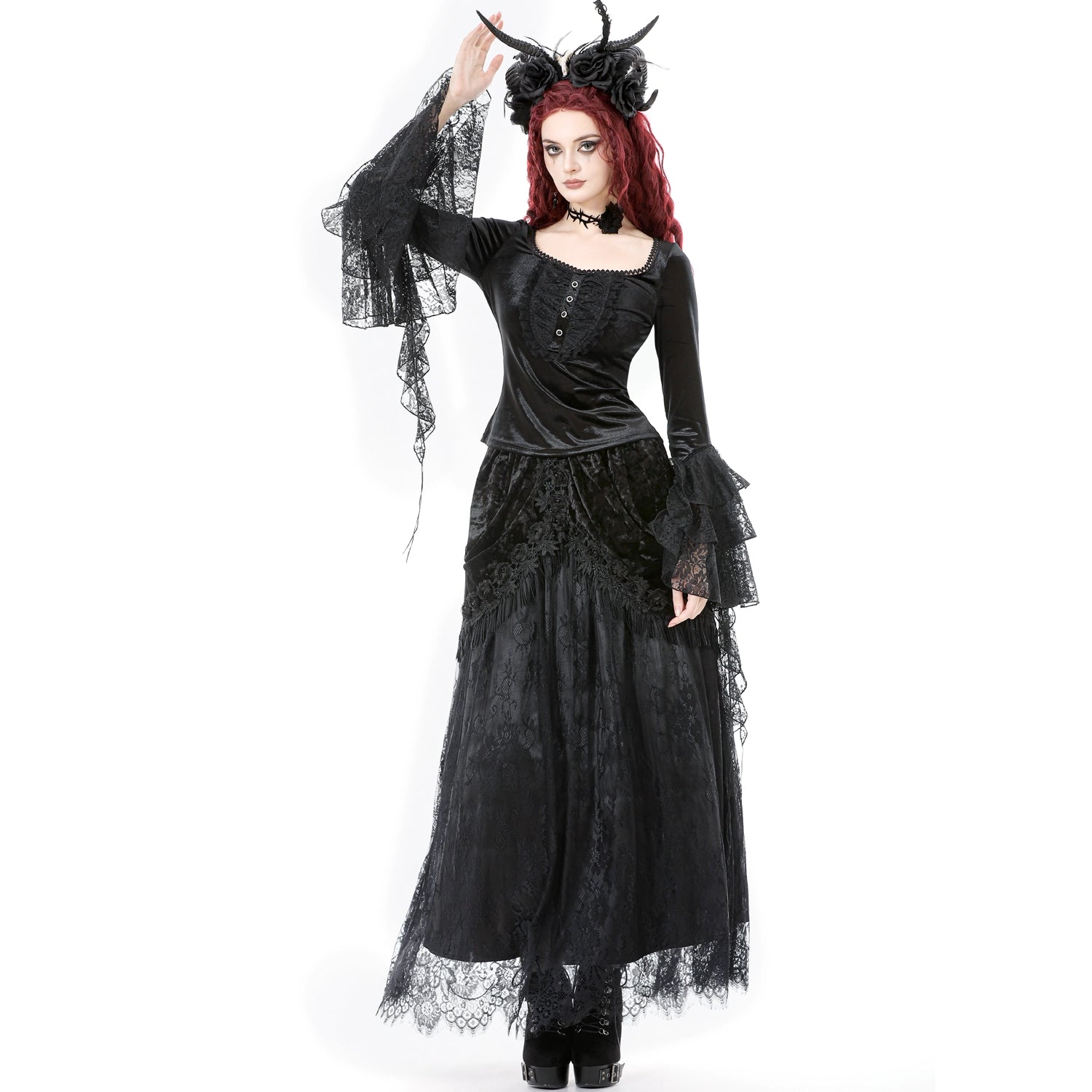 Saia Gótica Maxi Veludo Renda Preta