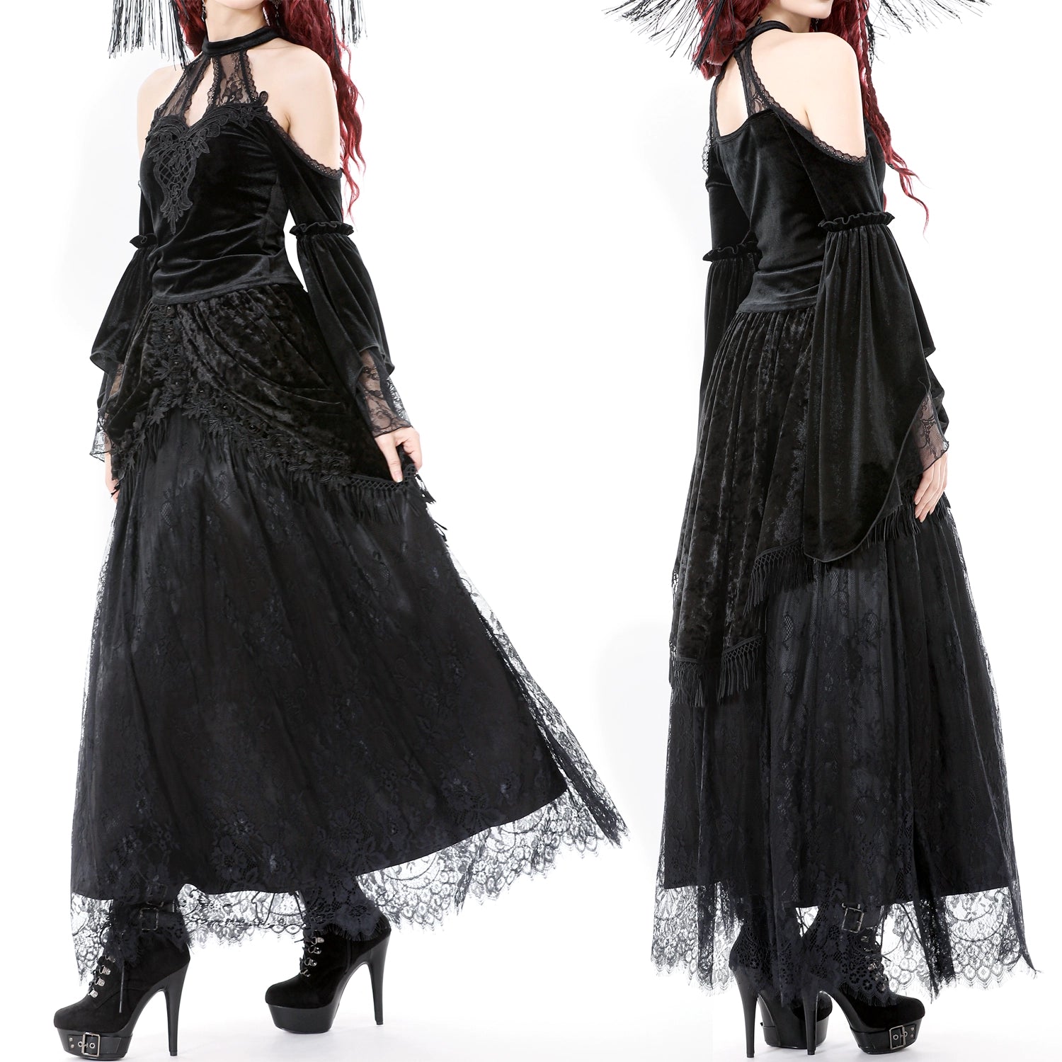 Saia Gótica Maxi Veludo Renda Preta