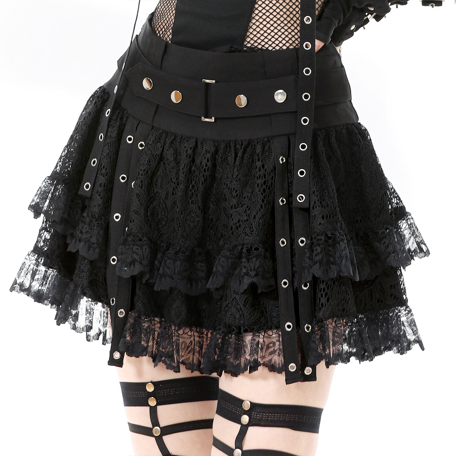 Minissaia Gótica Renda com Folhos e Fivela