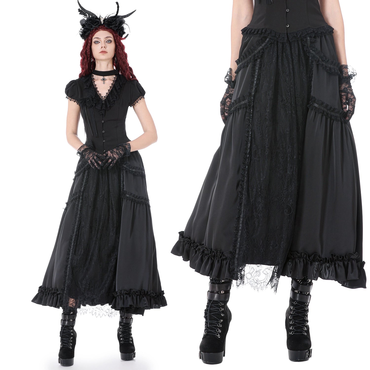 Falda de Satén con Panel de Encaje Central