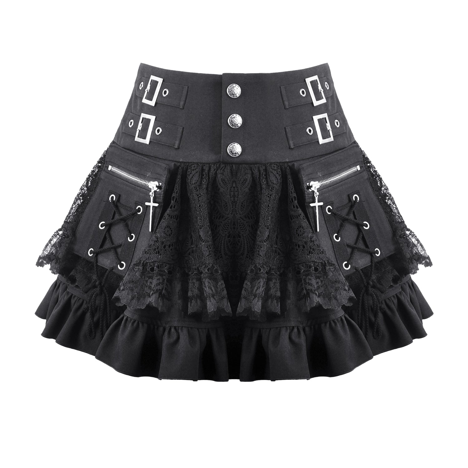 Minifalda con Bolsillos Cargo, Encaje y Hebillas