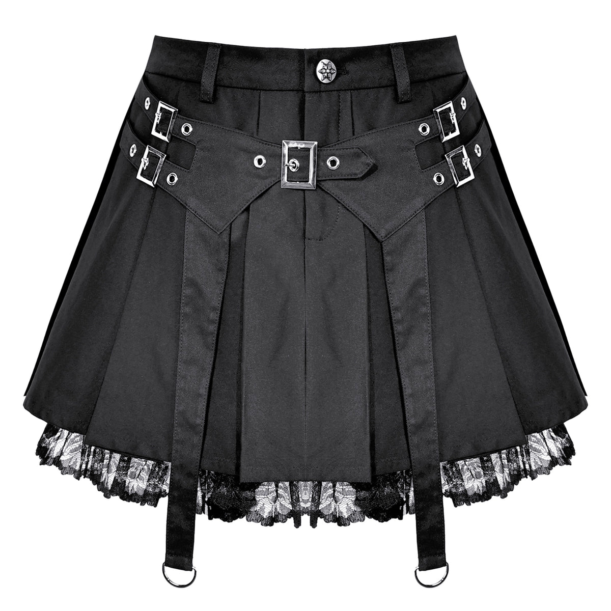 Minifalda Plisada Negra Punk con Hebillas y Bajo de Encaje, vista frontal
