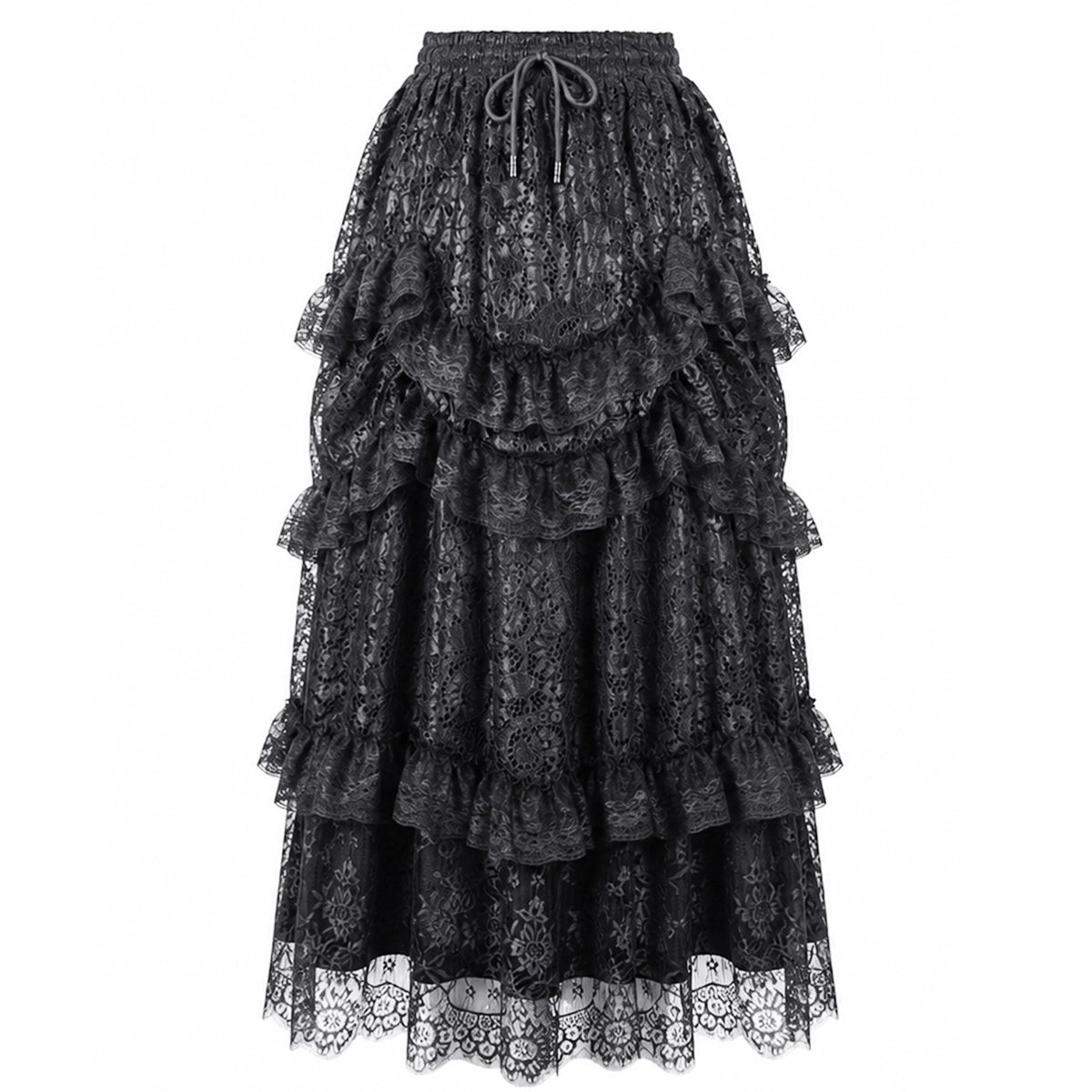 Falda negra victoriana de volantes de encaje, vista frontal