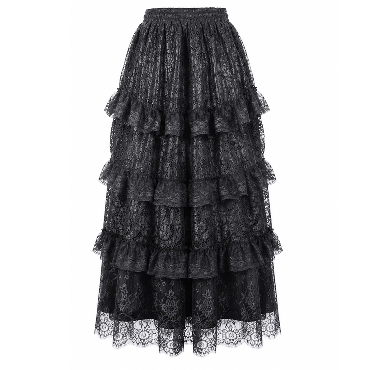 Falda negra victoriana de volantes de encaje, vista plana trasera