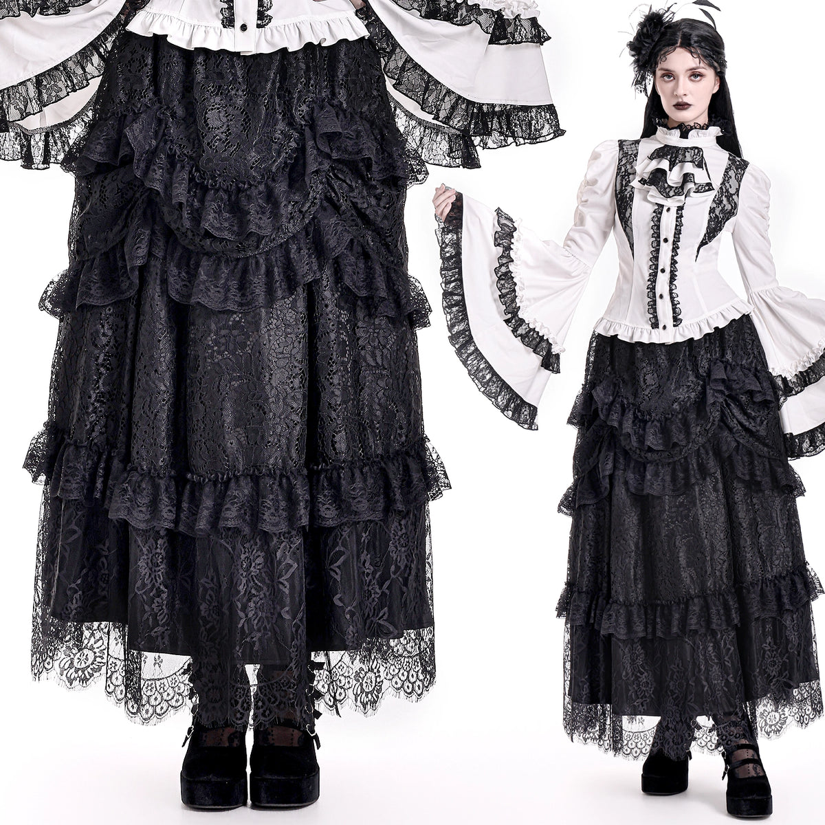 Falda negra victoriana de volantes de encaje, detalle cintura