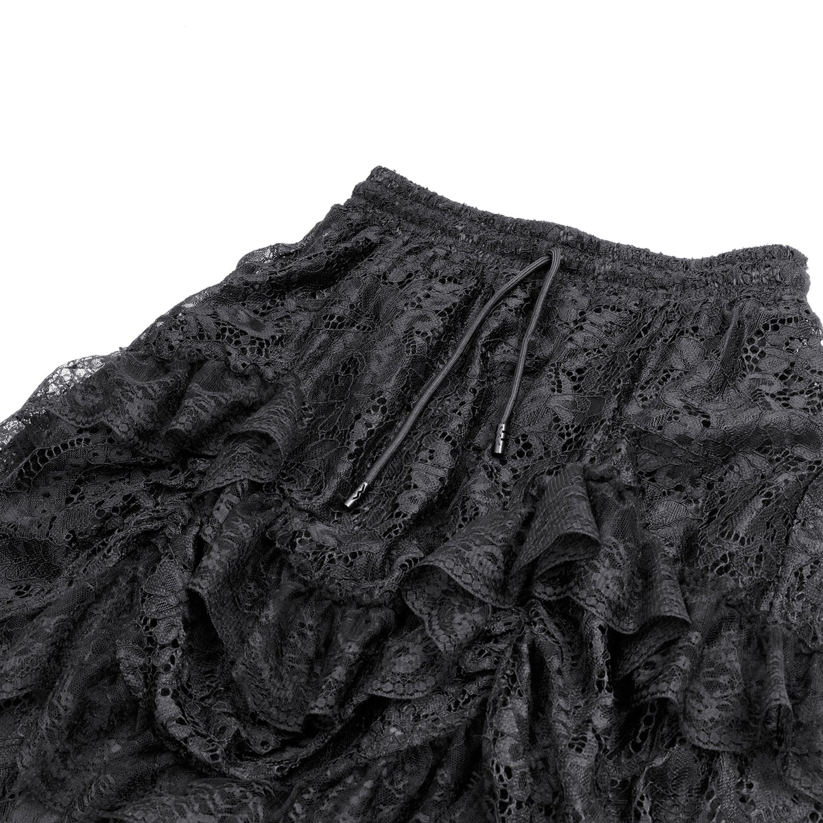 Falda negra victoriana de volantes puesta, vista frontal completa