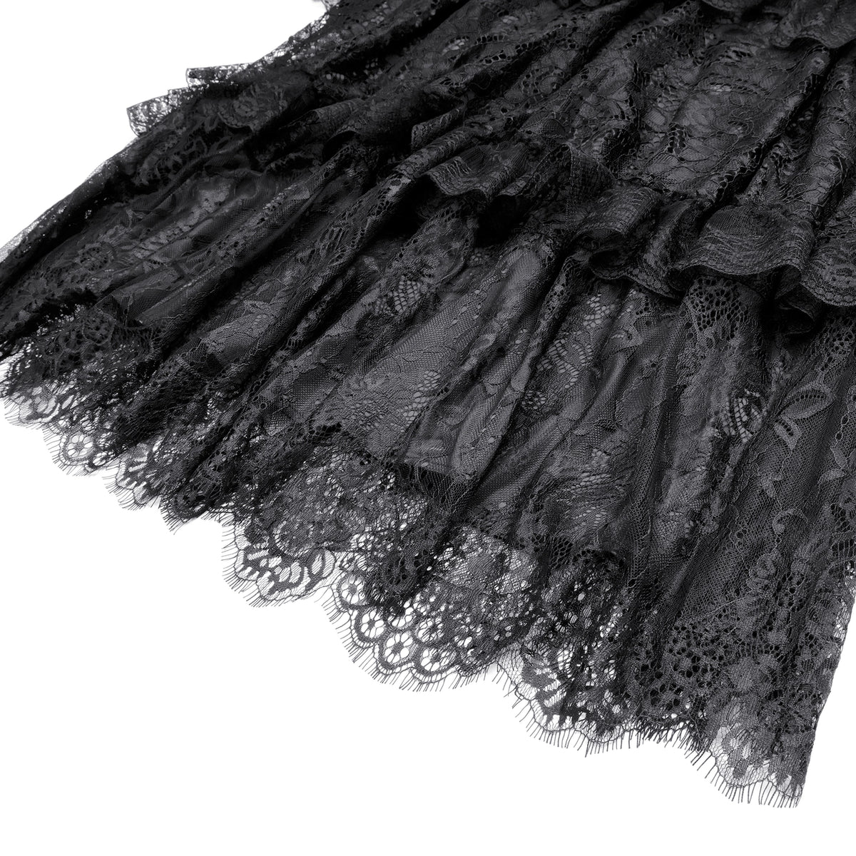 Falda negra victoriana de volantes puesta, vista lateral