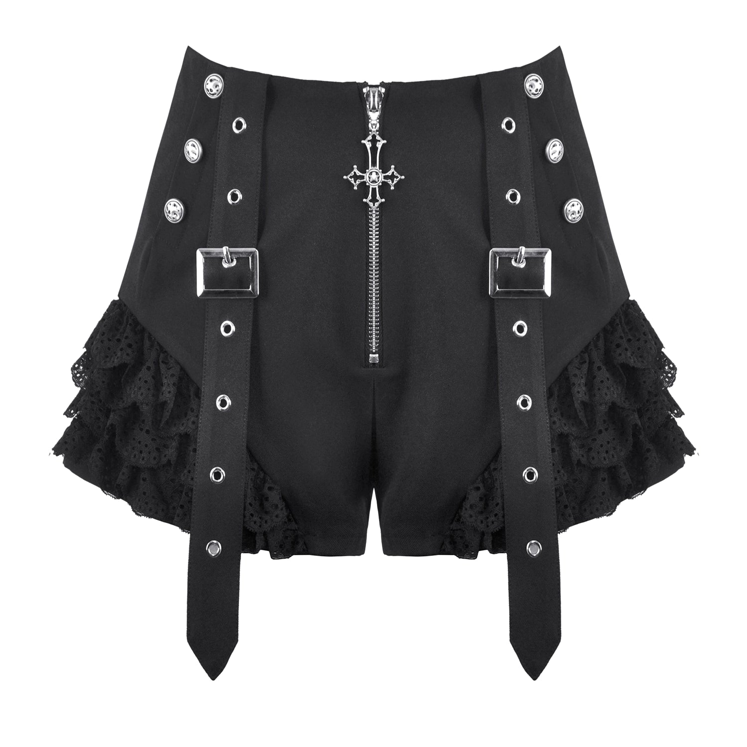 Shorts Góticos Negros con Cruz Metálica, Encaje y Correas