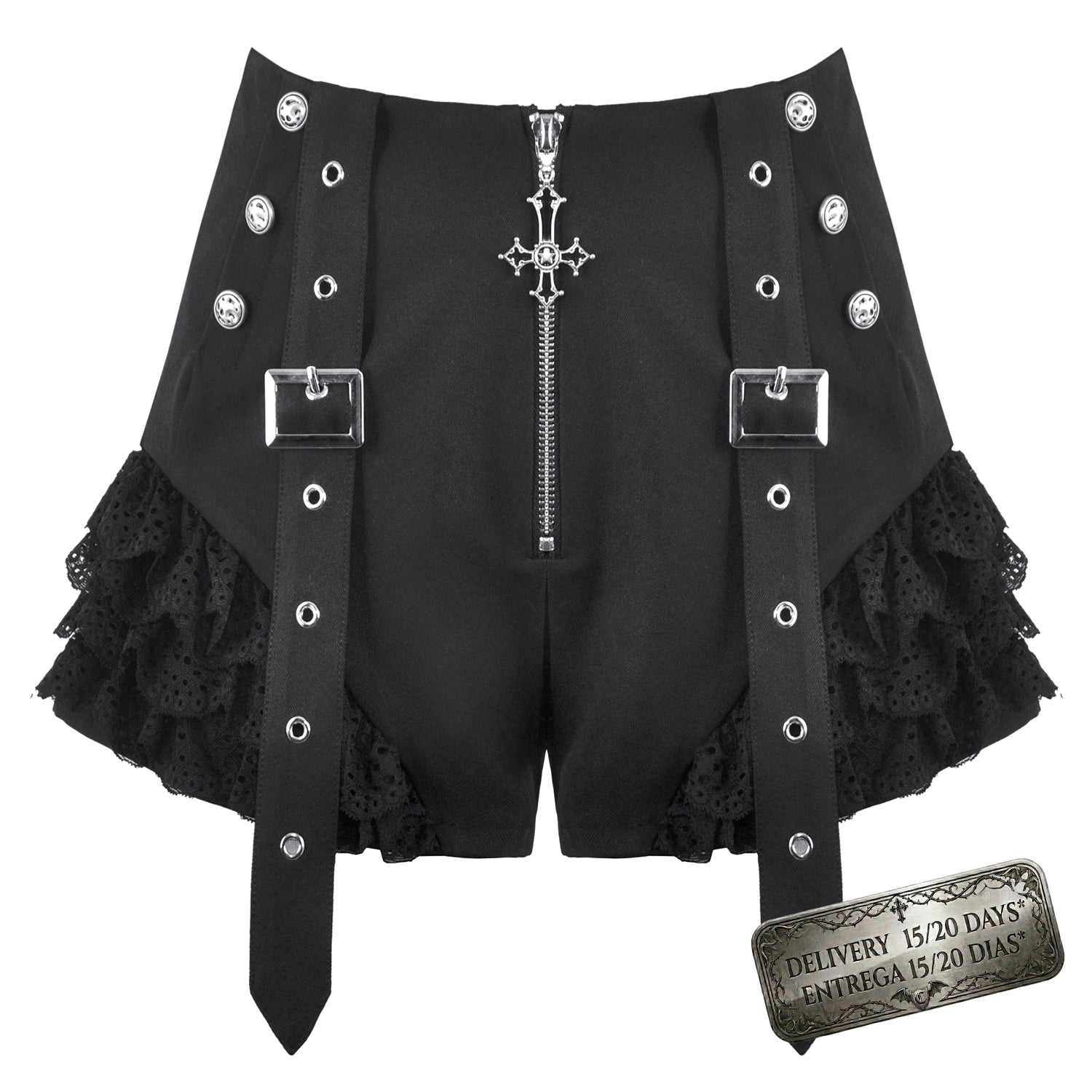 Shorts Góticos Negros con Cruz Metálica, Encaje y Correas