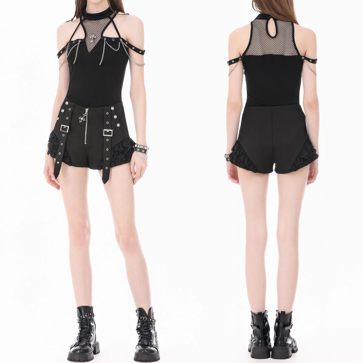 Shorts Góticos Negros con Cruz Metálica, Encaje y Correas