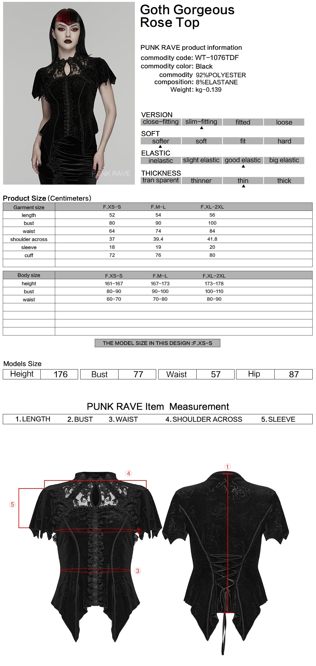 Ficha técnica y tabla de medidas de la camiseta gótica de terciopelo WT-1076TDF
