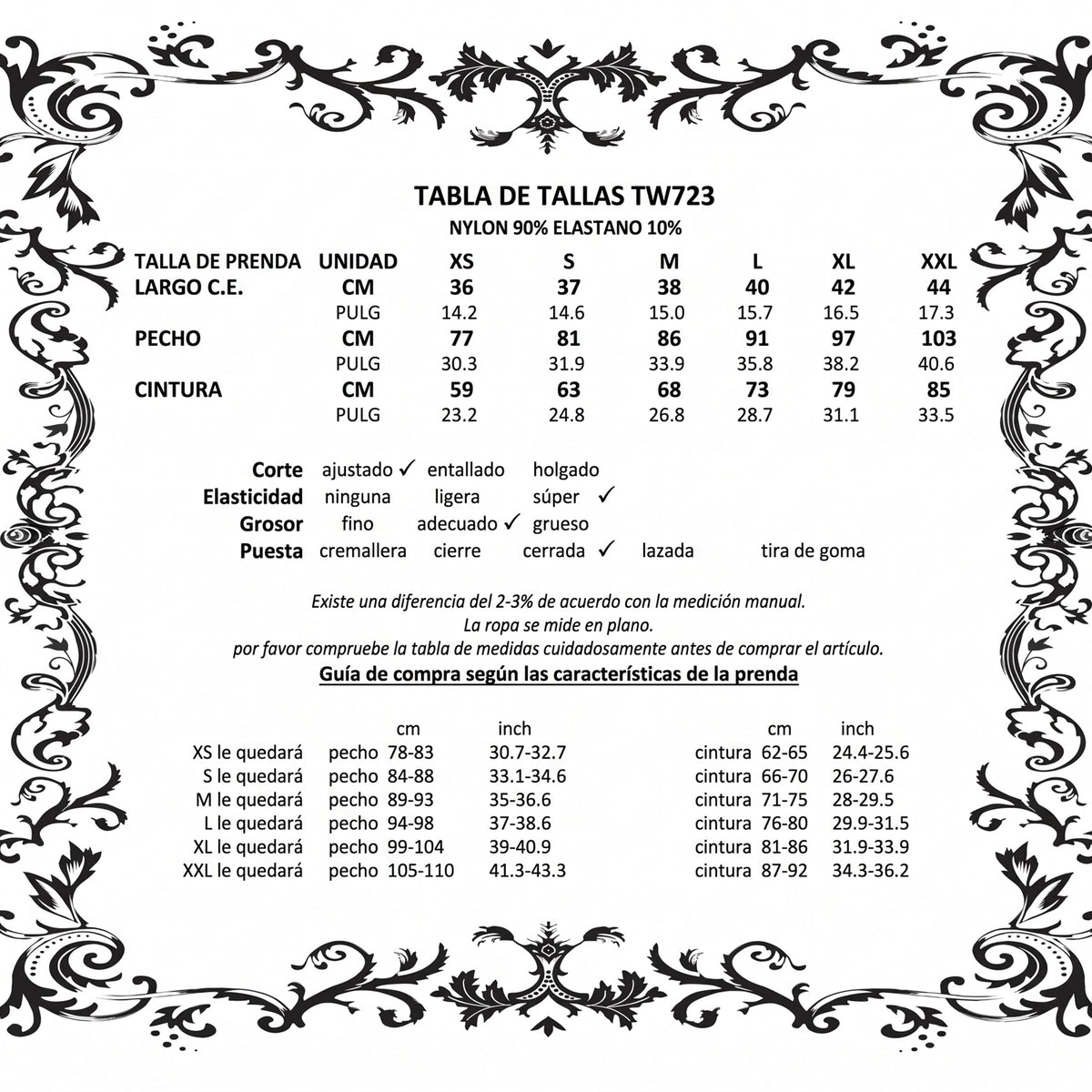 Top Gótico de Encaje Negro con Hombros Descubiertos y Volantes, tabla de tallas y medidas (español)