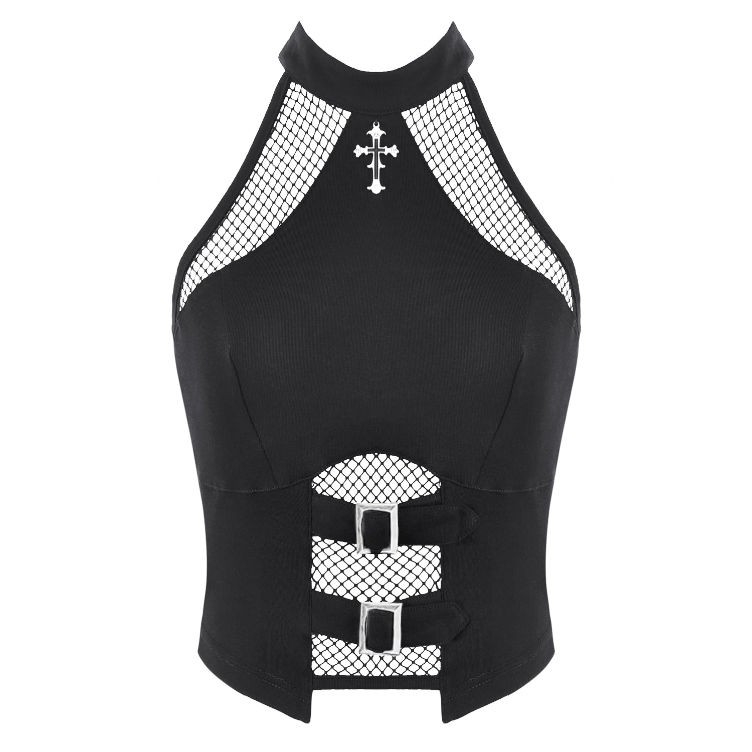 Crop Top Halter con Cruz, Rejilla y Hebillas