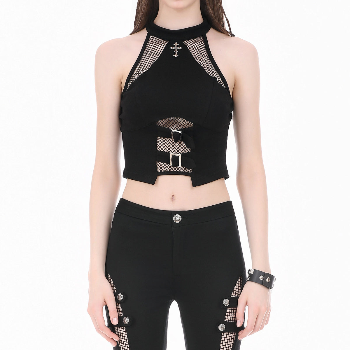 Crop Top Halter con Cruz, Rejilla y Hebillas