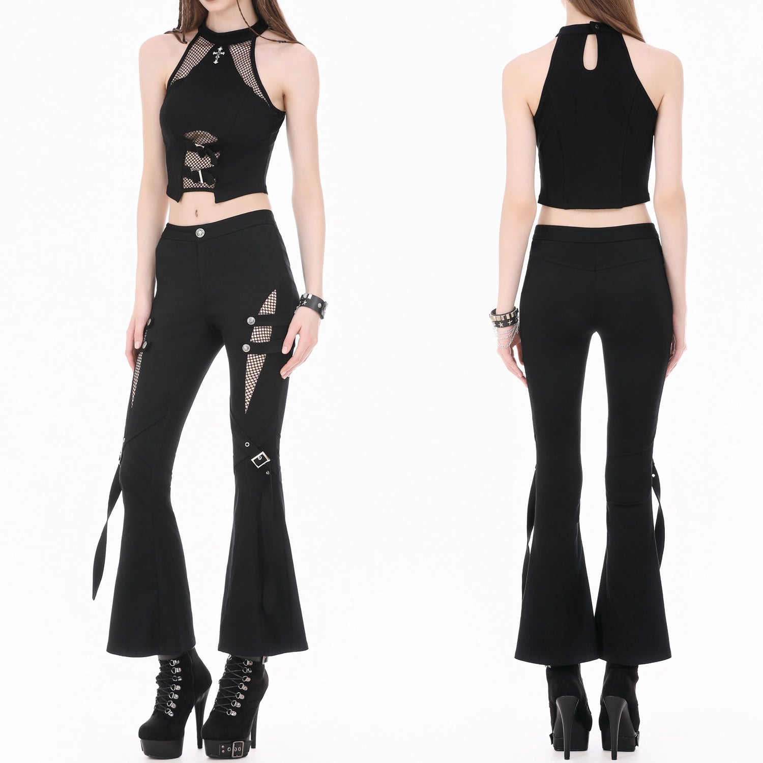 Crop Top Halter con Cruz, Rejilla y Hebillas
