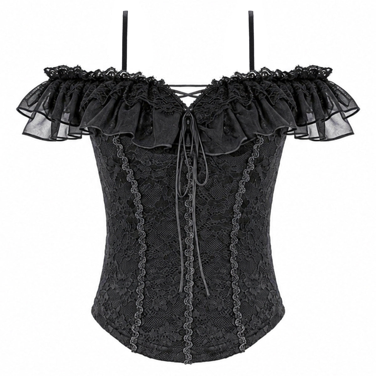 Top Gótico de Encaje Negro con Hombros Descubiertos y Volantes, vista frontal