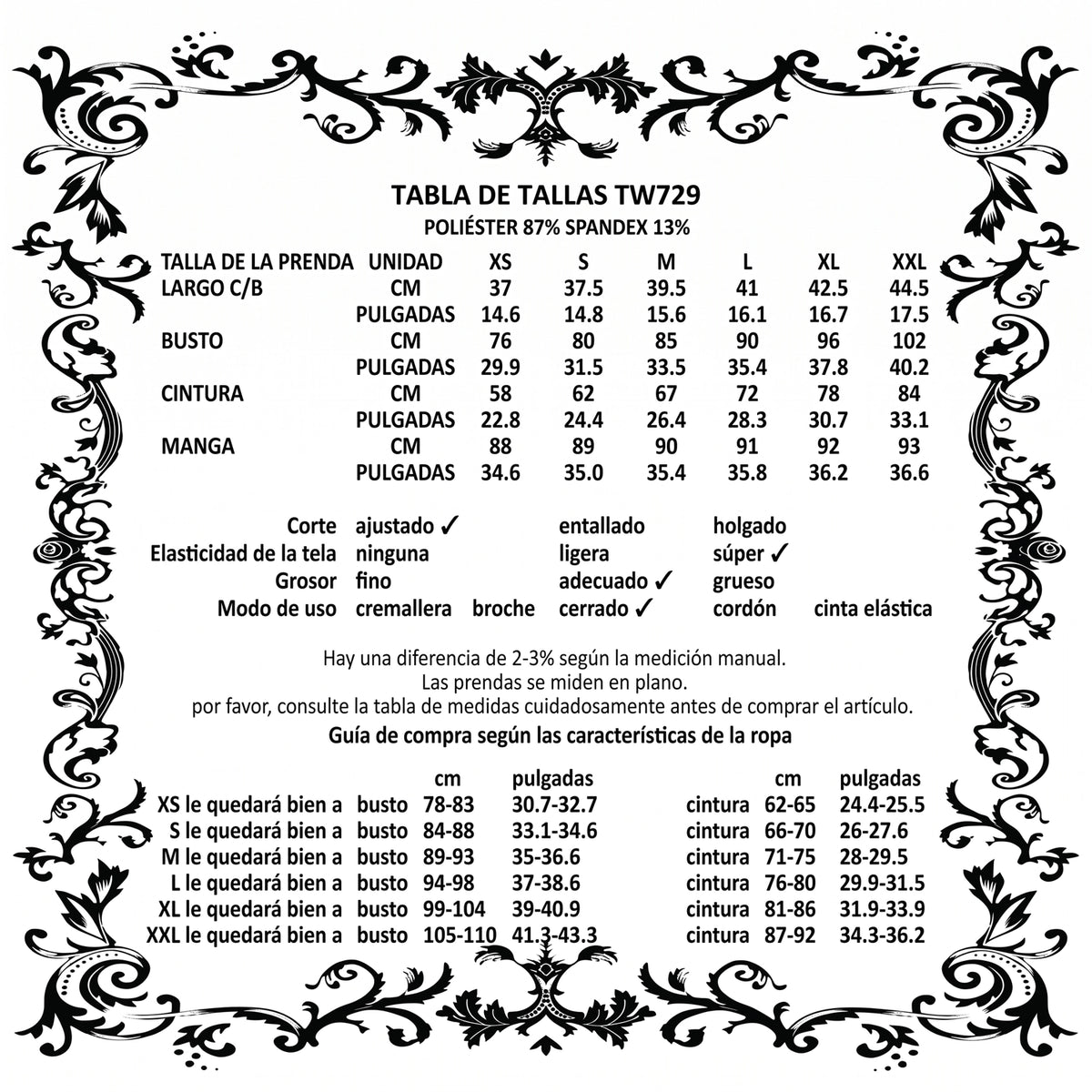Top Gótico Victoriano de Encaje con Mangas Campana y Cintura de Tul, tabla de tallas y medidas (español)