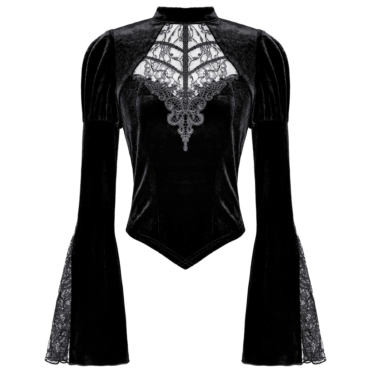 Blusa Gótica de Terciopelo Negro con Mangas Campana y Encaje, vista frontal