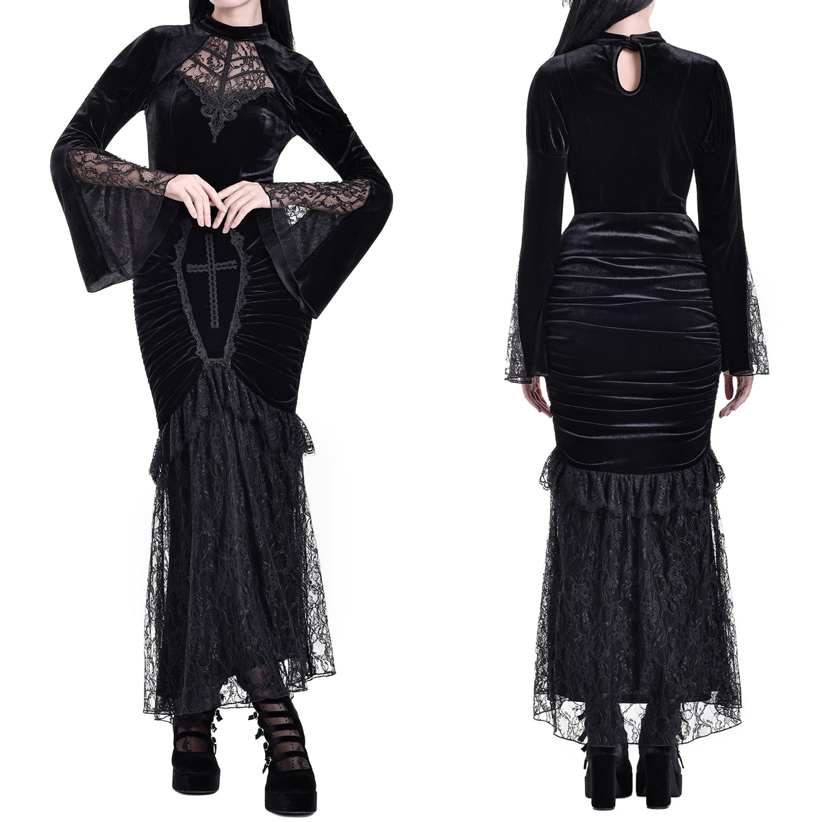 Blusa Gótica de Terciopelo Negro con Mangas Campana y Encaje, puesto en modelo, foto 7