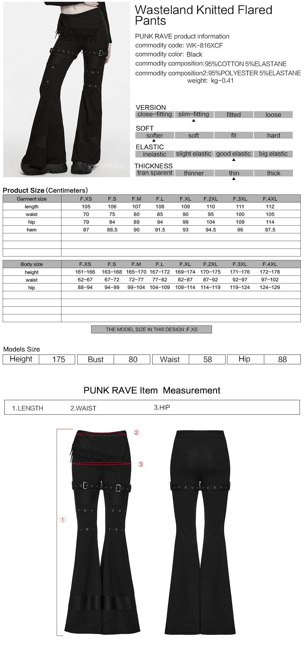 Pantalón Acampanado Punk Negro con Flecos y Correas de Hebilla - Punk Rave, ficha técnica con tabla de medidas
