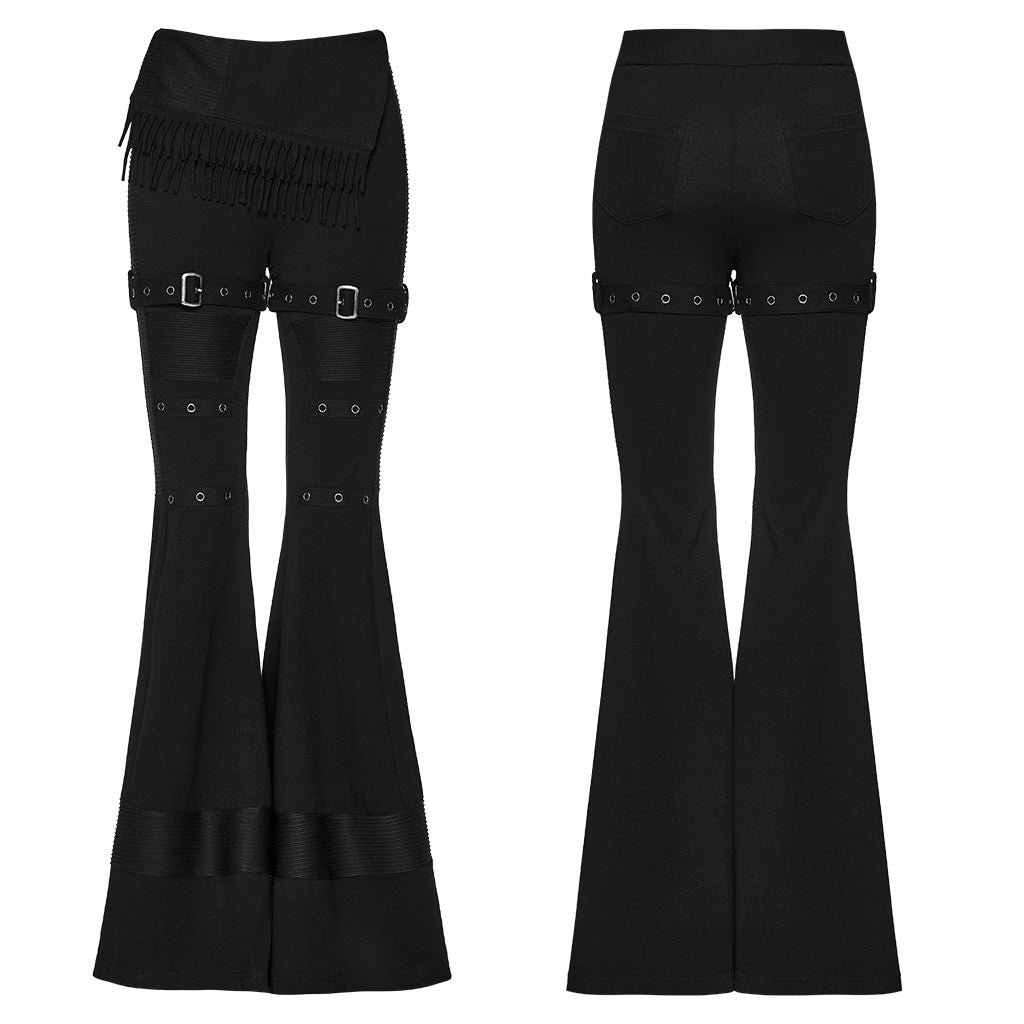 Pantalón Acampanado Punk Negro con Flecos y Correas de Hebilla - Punk Rave, foto 2 de 10