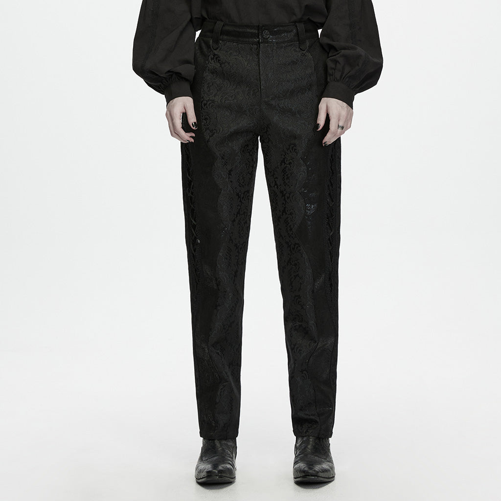 Pantalón gótico negro de jacquard puesto, vista frontal con camisa no incluida
