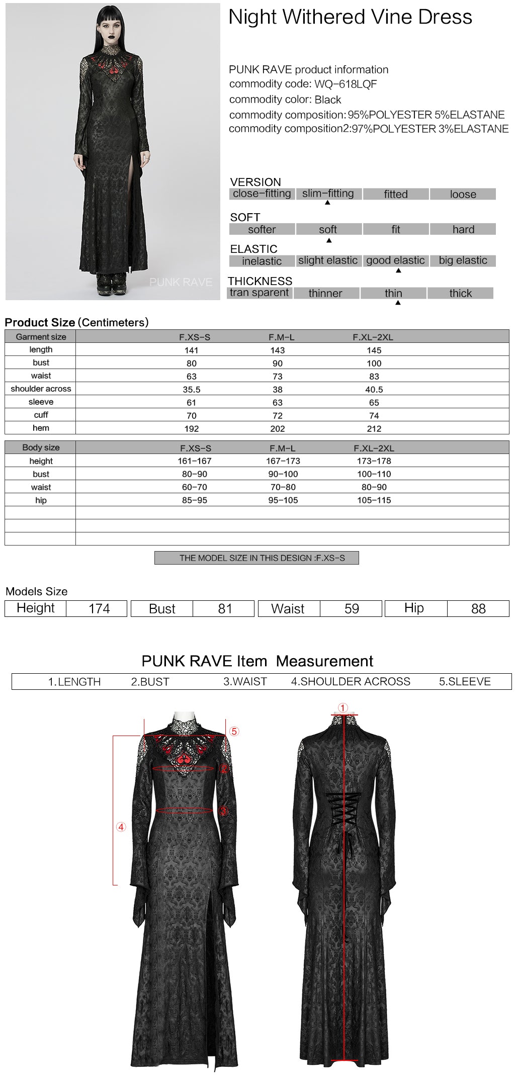 Ficha técnica y tabla de medidas del vestido largo gótico de telaraña WQ-618LQF