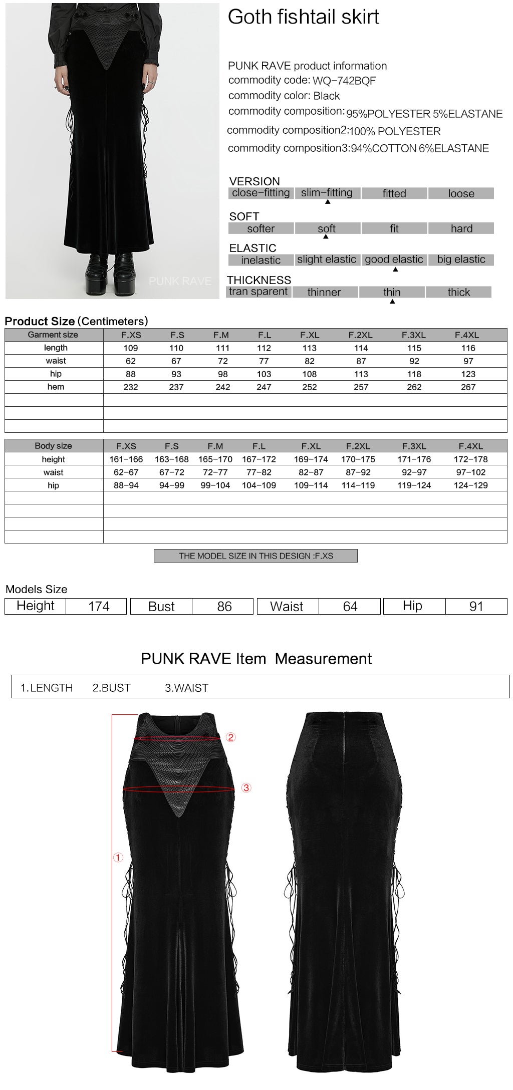 Ficha técnica y tabla de medidas de la falda gótica de terciopelo negro WQ-742BQF