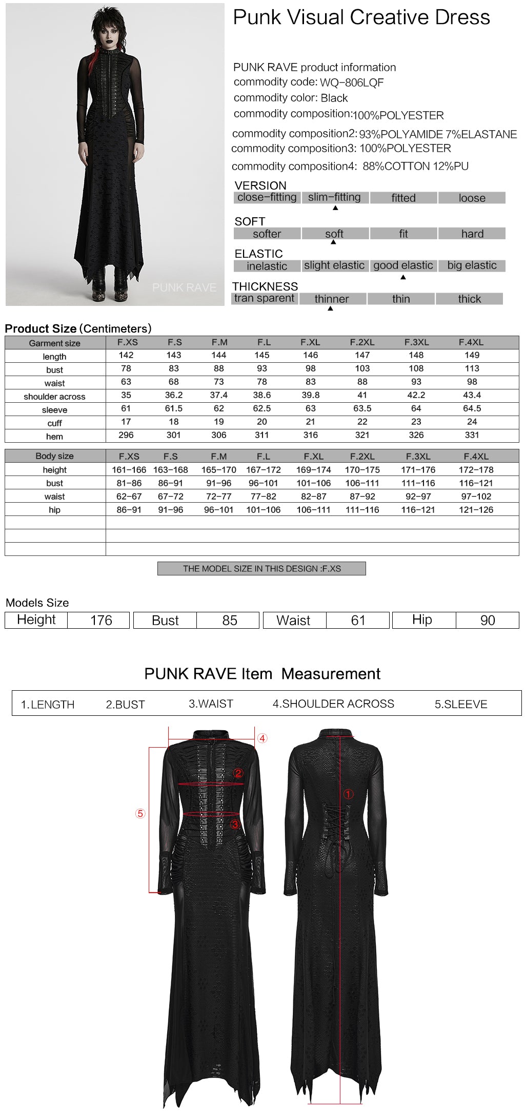 Ficha técnica y tabla de medidas del vestido largo gótico punk negro WQ-806LQF