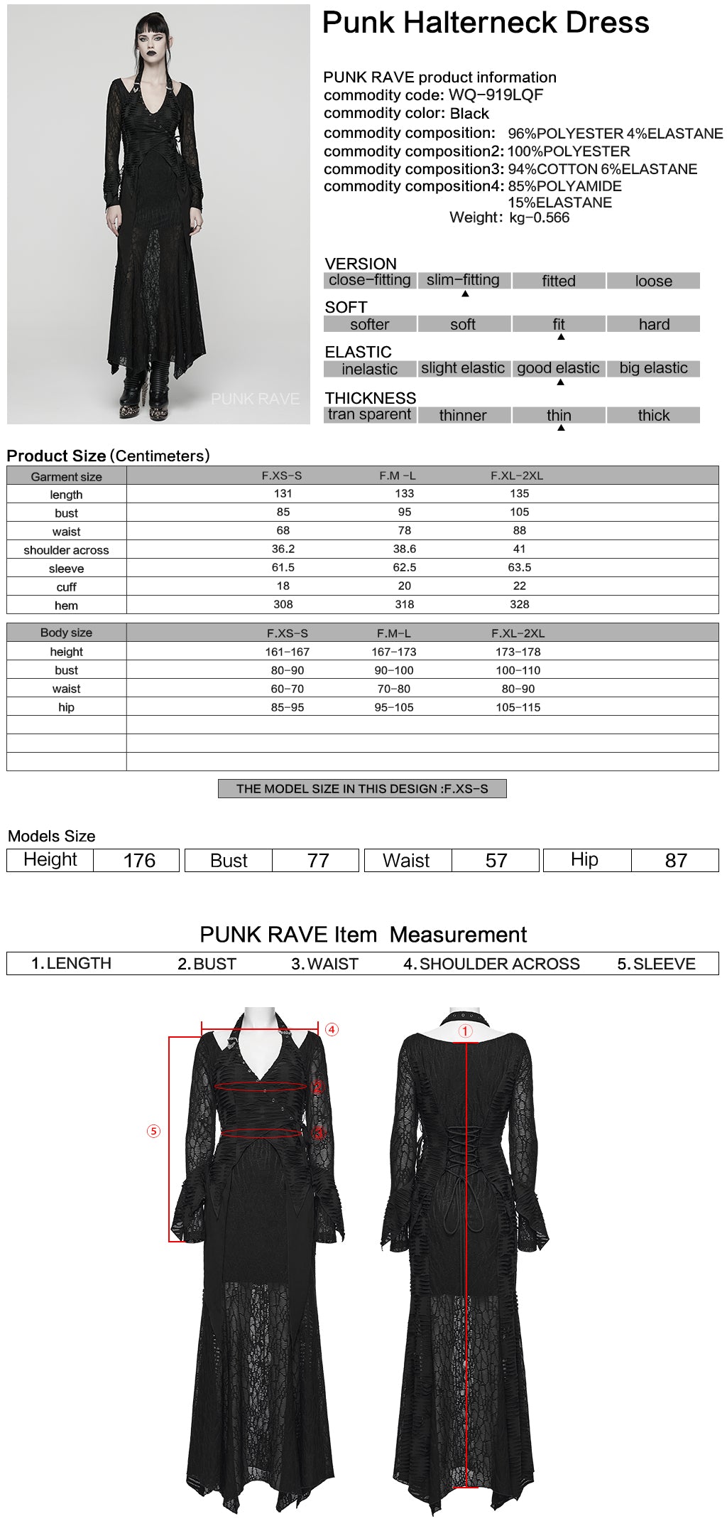 Ficha técnica y tabla de medidas del vestido largo punk halter WQ-919LQF