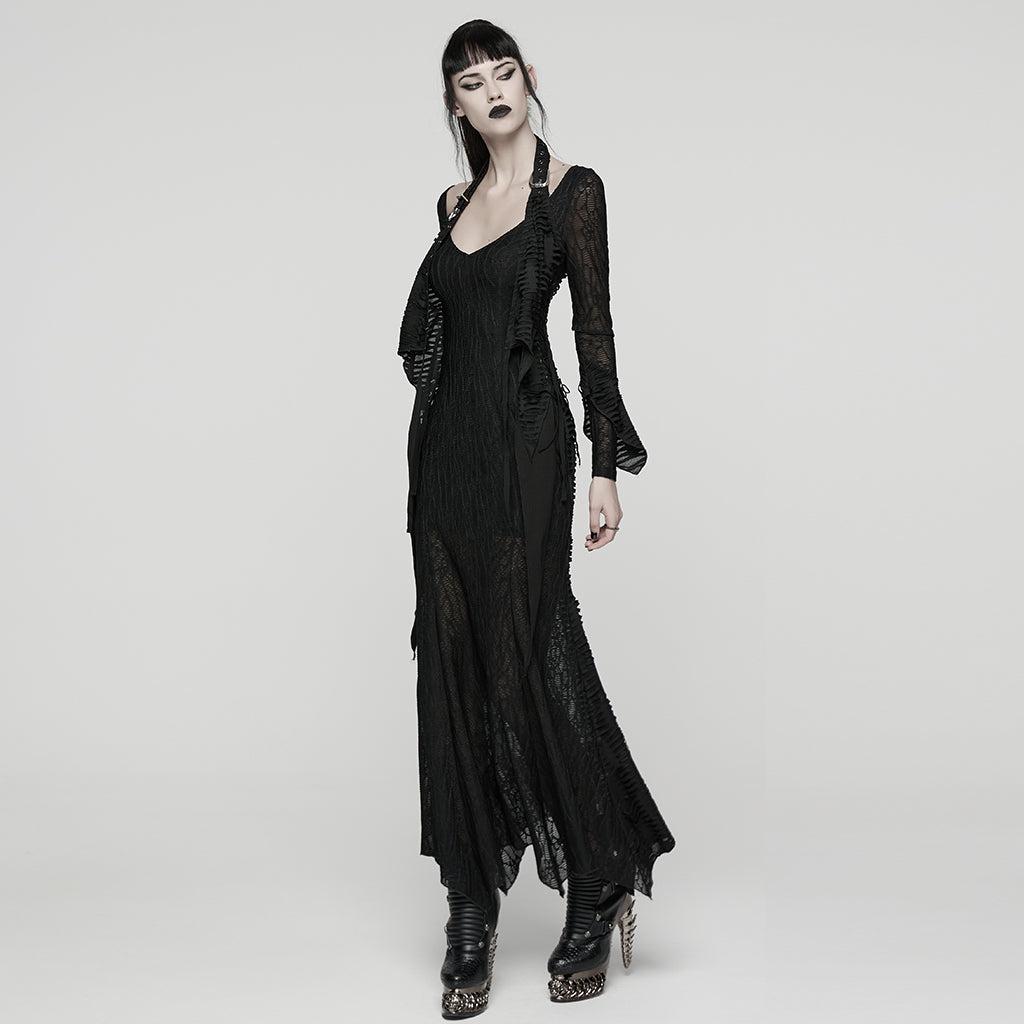 Vista de tres cuartos del vestido negro con mangas en pico y falda de sirena transparente