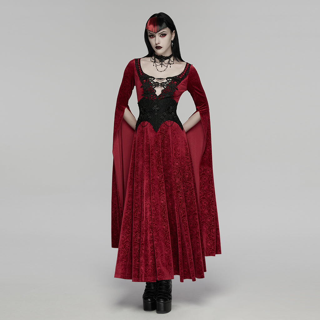 Modelo de cuerpo entero con el corsé negro sobre un vestido largo rojo no incluido