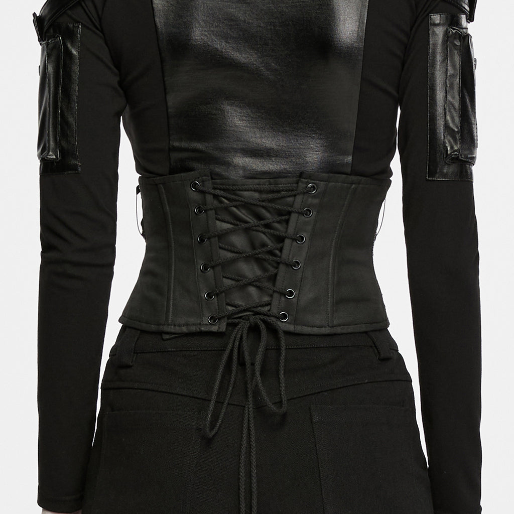 Espalda del corsé cincher negro con lazada de cordón y lazo