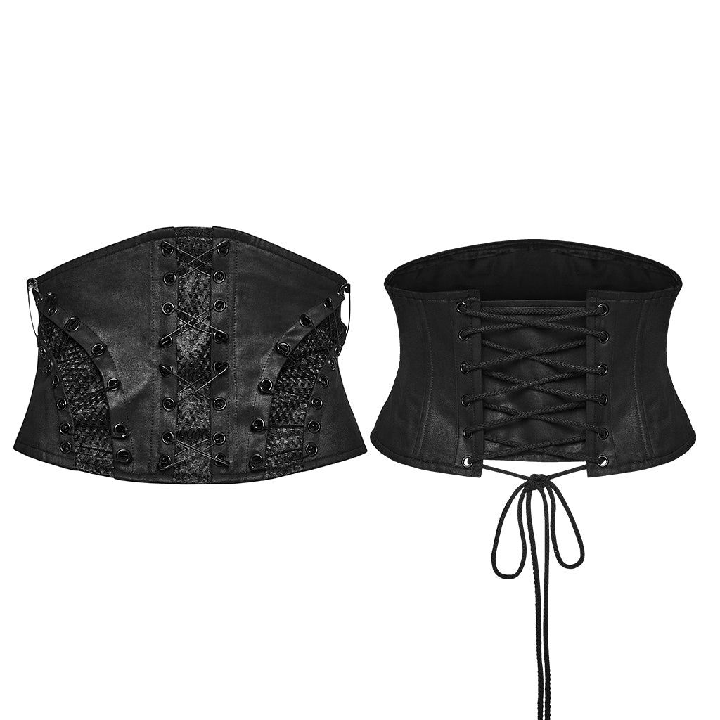 Corsé cincher punk negro en plano, delantero con imperdibles y espalda con lazada