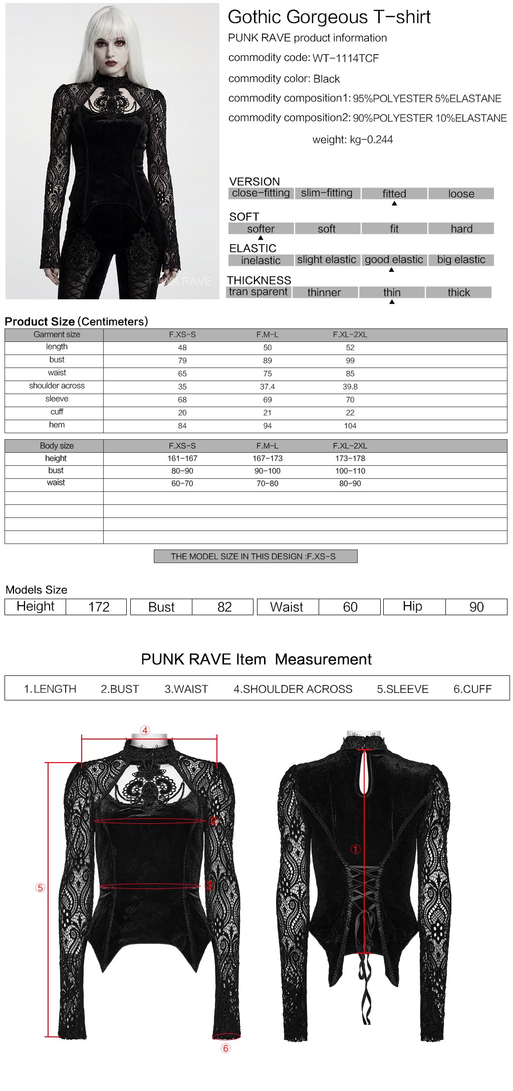 Ficha técnica y tabla de medidas de la camiseta gótica de terciopelo WT-1114TCF