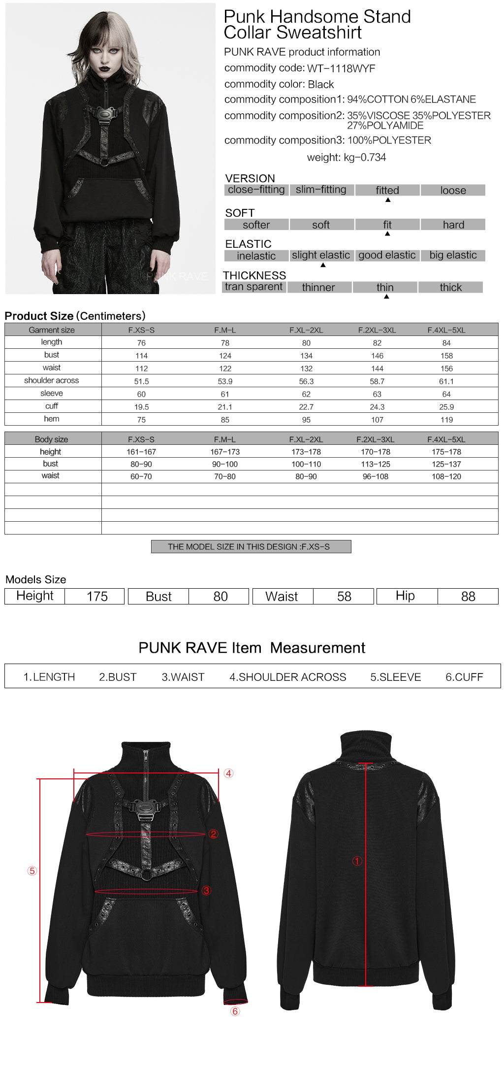 Sudadera Punk Negra de Cuello Alto con Arnés y Tiras Efecto Piel - Punk Rave, ficha técnica con tabla de medidas