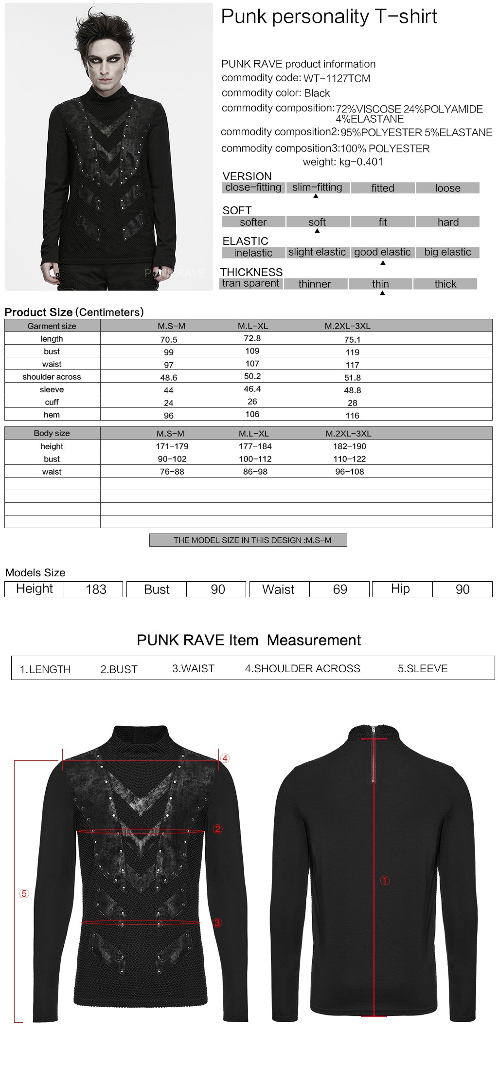 Ficha técnica y tabla de medidas de la camiseta punk de hombre con paneles de armadura WT-1127TCM