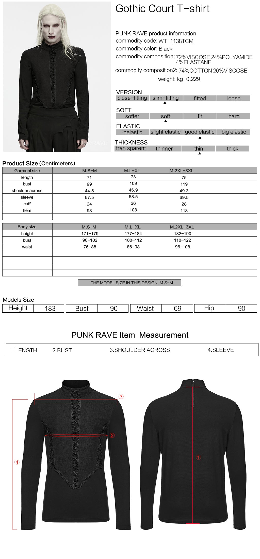 Ficha técnica y tabla de medidas de la camiseta gótica victoriana de hombre WT-1138TCM