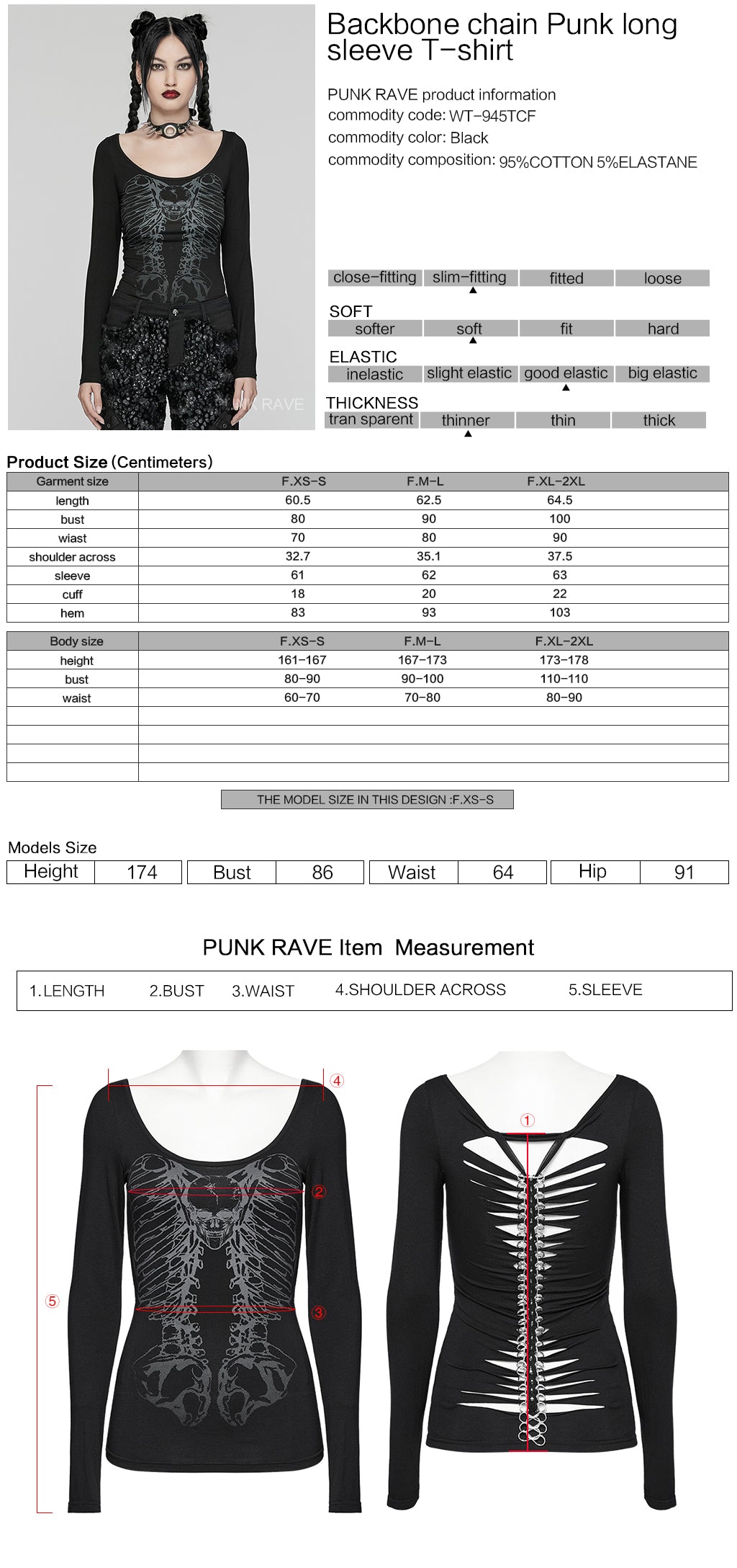 Ficha técnica y tabla de medidas de la camiseta punk de esqueleto WT-945TCF