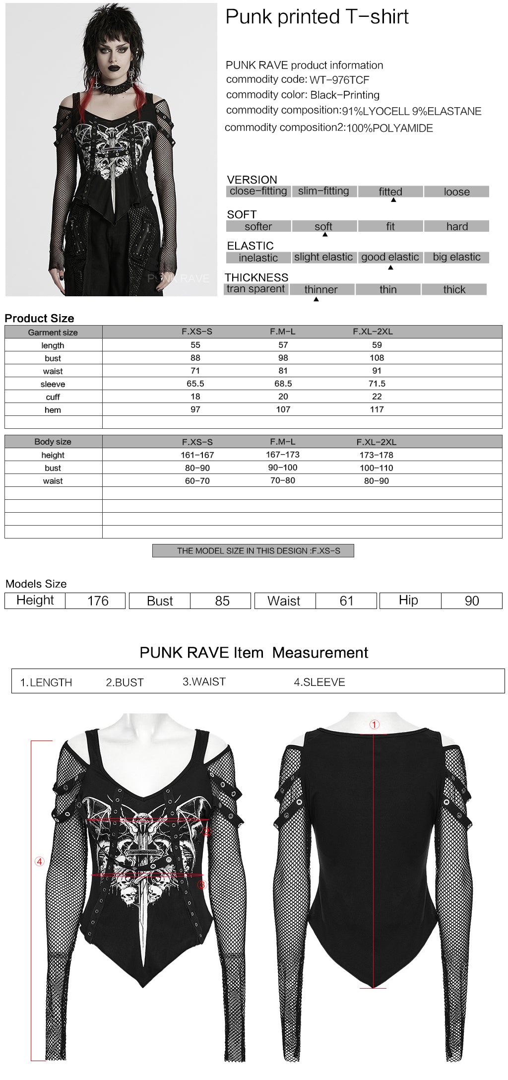 Ficha técnica y tabla de medidas de la camiseta punk con mangas de rejilla WT-976TCF
