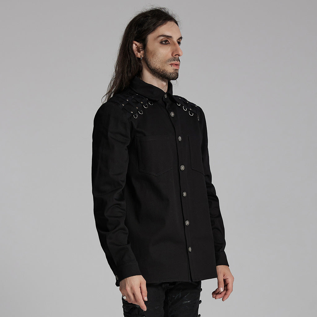 Camisa punk negra de hombre vista de tres cuartos con el enrejado de cinchas del hombro