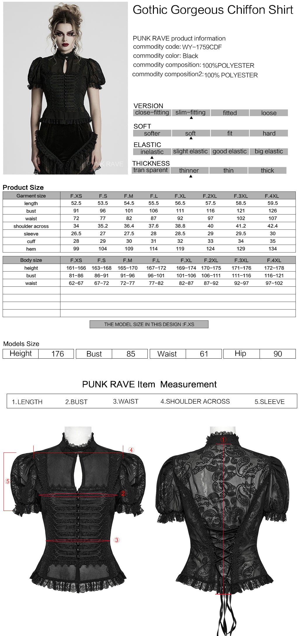 Ficha técnica y tabla de medidas de la camisa gótica victoriana de gasa negra WY-1759