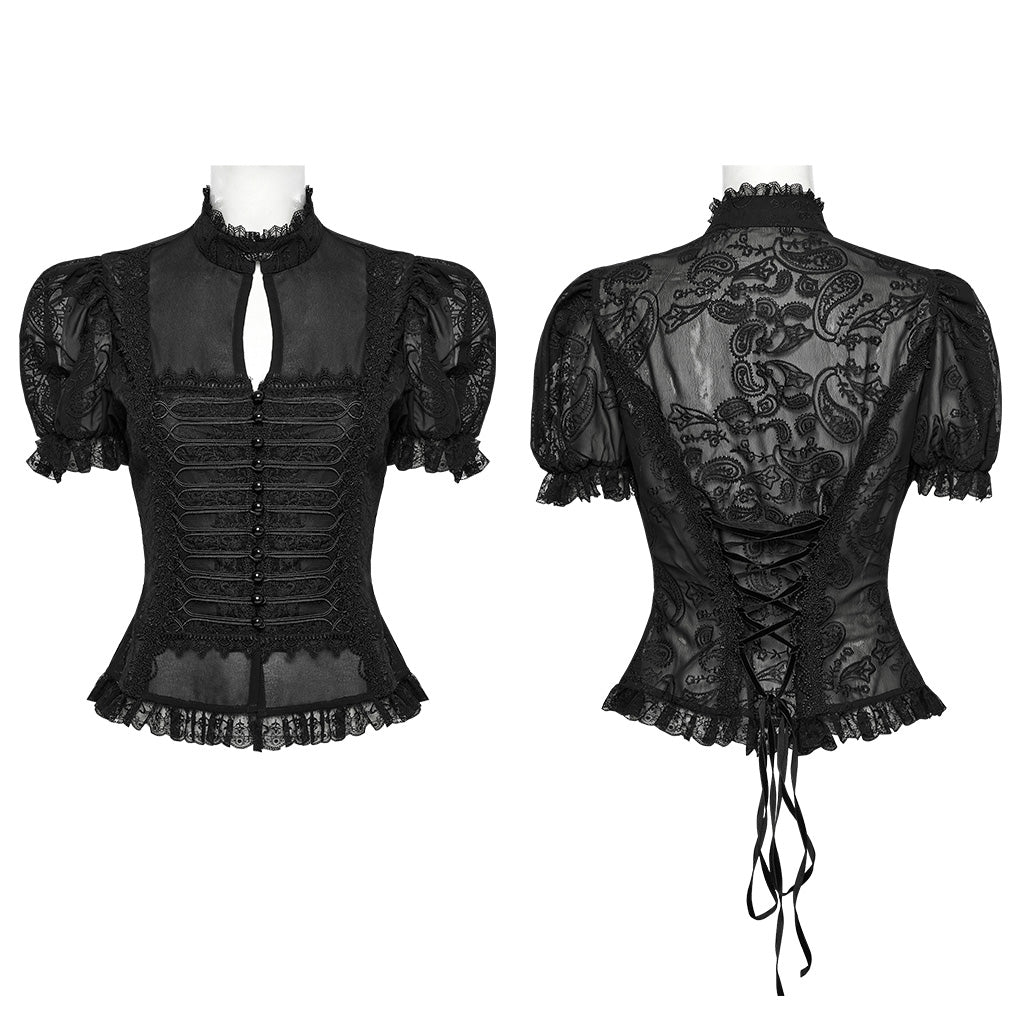 Camisa de gasa negra WY-1759 en plano, delantero con botones y espalda con lazada