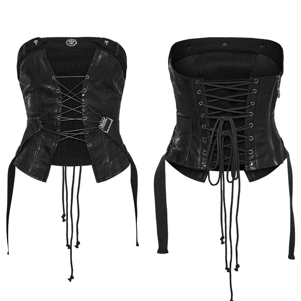 Top corsé punk negro sin modelo, delantero y espalda con cinchas colgantes