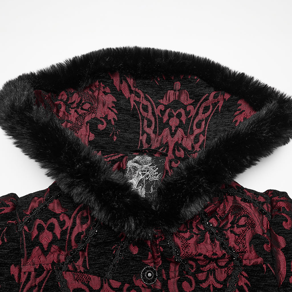 Detalle del cuello alto ribeteado de pelo sintético negro