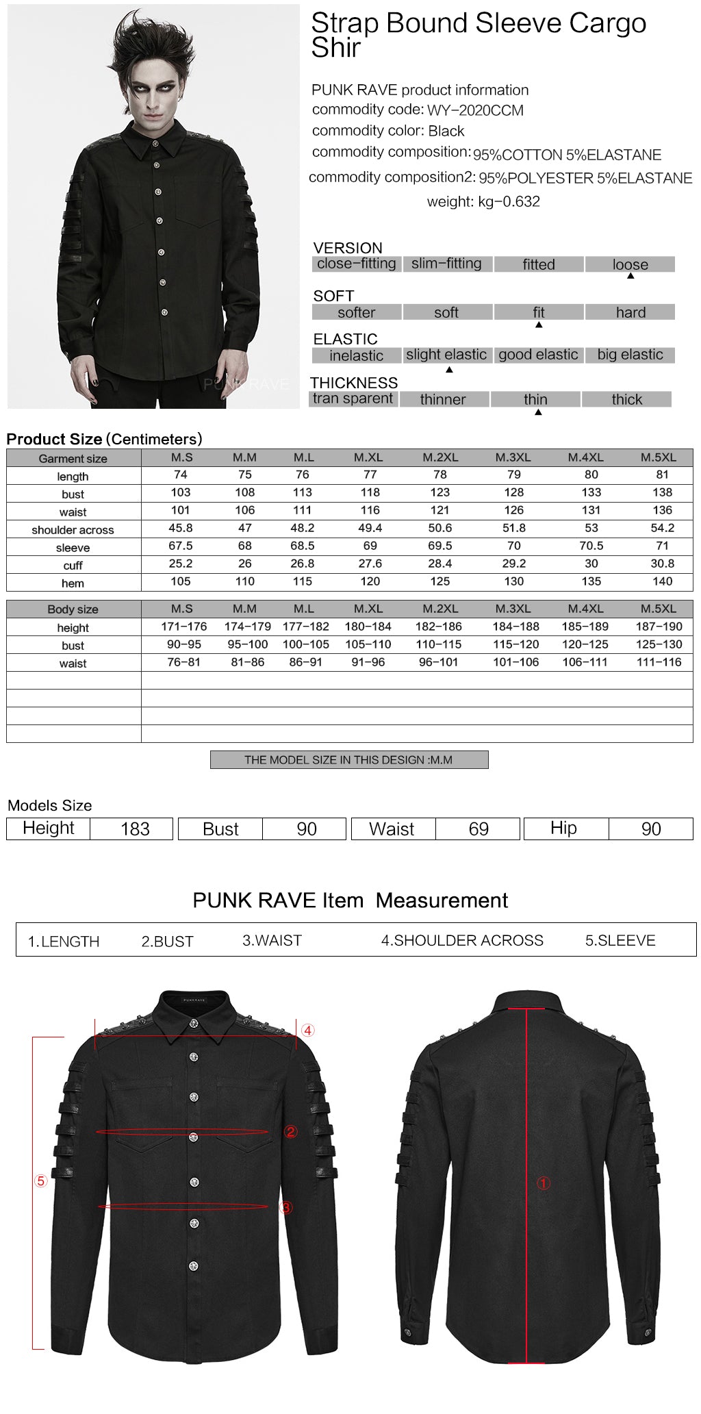 Ficha técnica y tabla de medidas de la camisa punk negra de hombre con tiras efecto piel